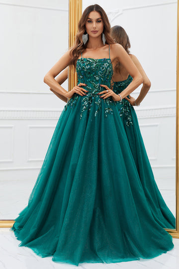 Robe de Soirée longue en tulle vert foncé scintillante avec appliques